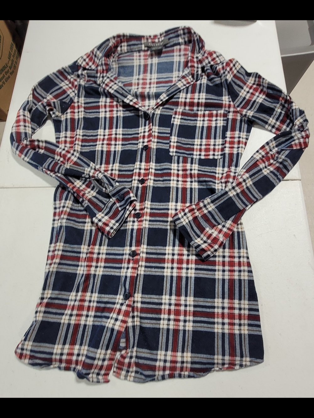 Suzy Shier Navy, Red & White Plaid Button-Down Shirt